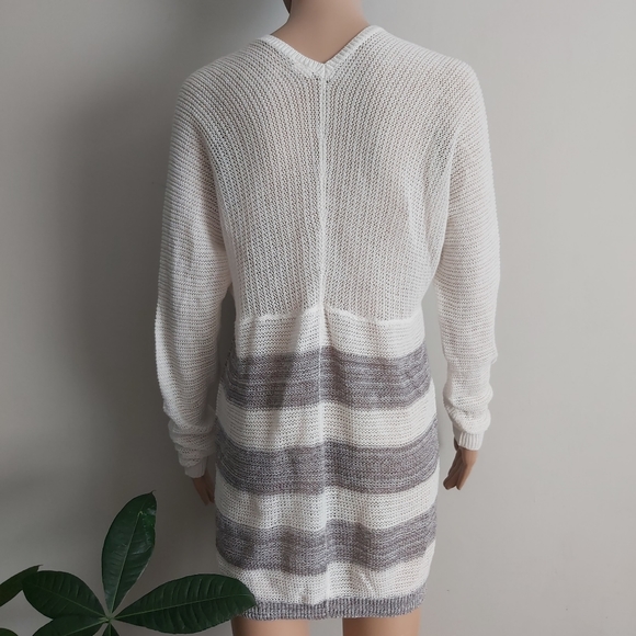 wild pearls cream gray stripes knit open cardigan long line 100% cotton - Picture 7 of 14